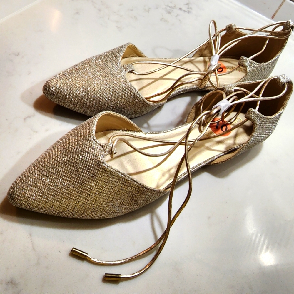 Gold Pointy Toe Ankle Strap Wrap Ballet Lace Up Flat Shoes